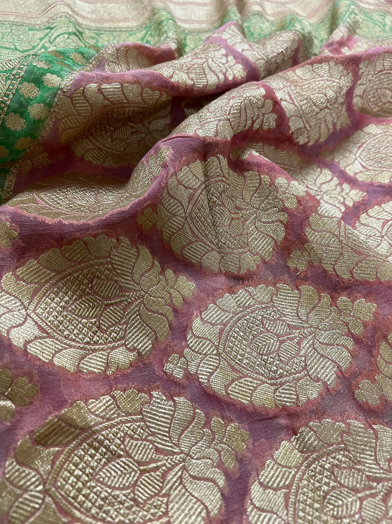 Mauve Pink Pure Khaddi Georgette Banarasi Saree in Multi Color with Muted Gold Zari and Digital Floral Prints | SILK MARK CERTIFIED - Kaash