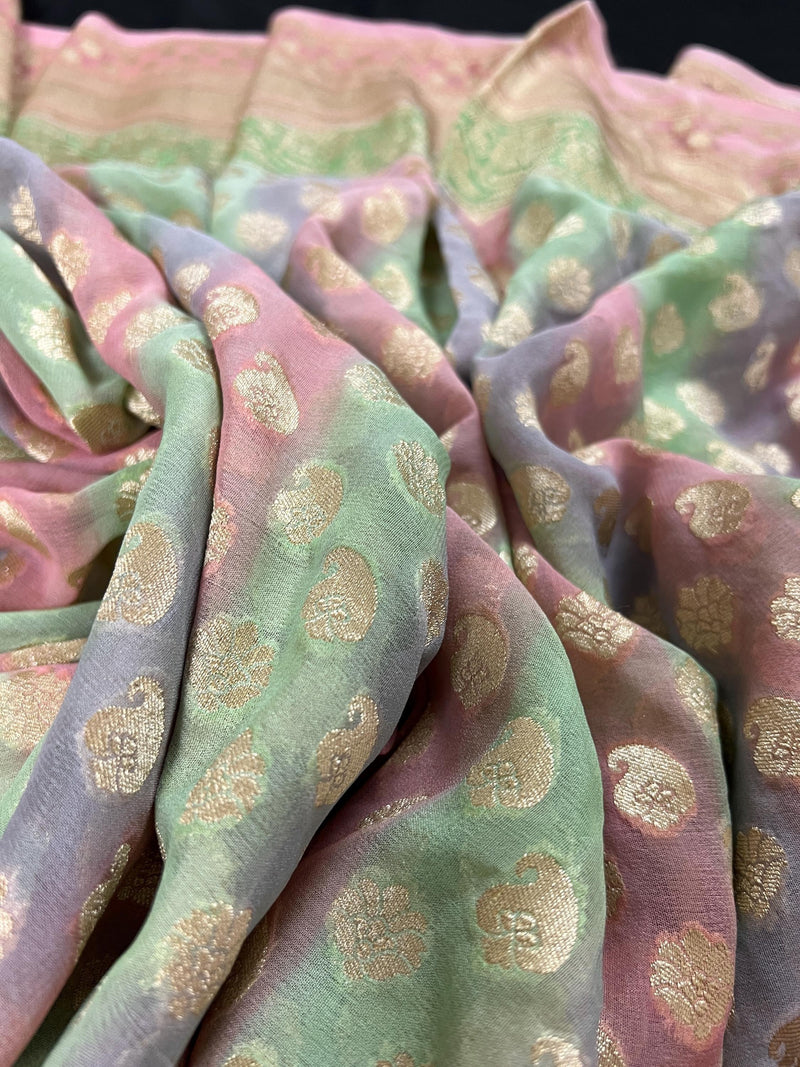 Mauve Pink Pure Khaddi Georgette Banarasi Saree in Multi Color with Muted Gold Zari and Digital Floral Prints | SILK MARK CERTIFIED - Kaash
