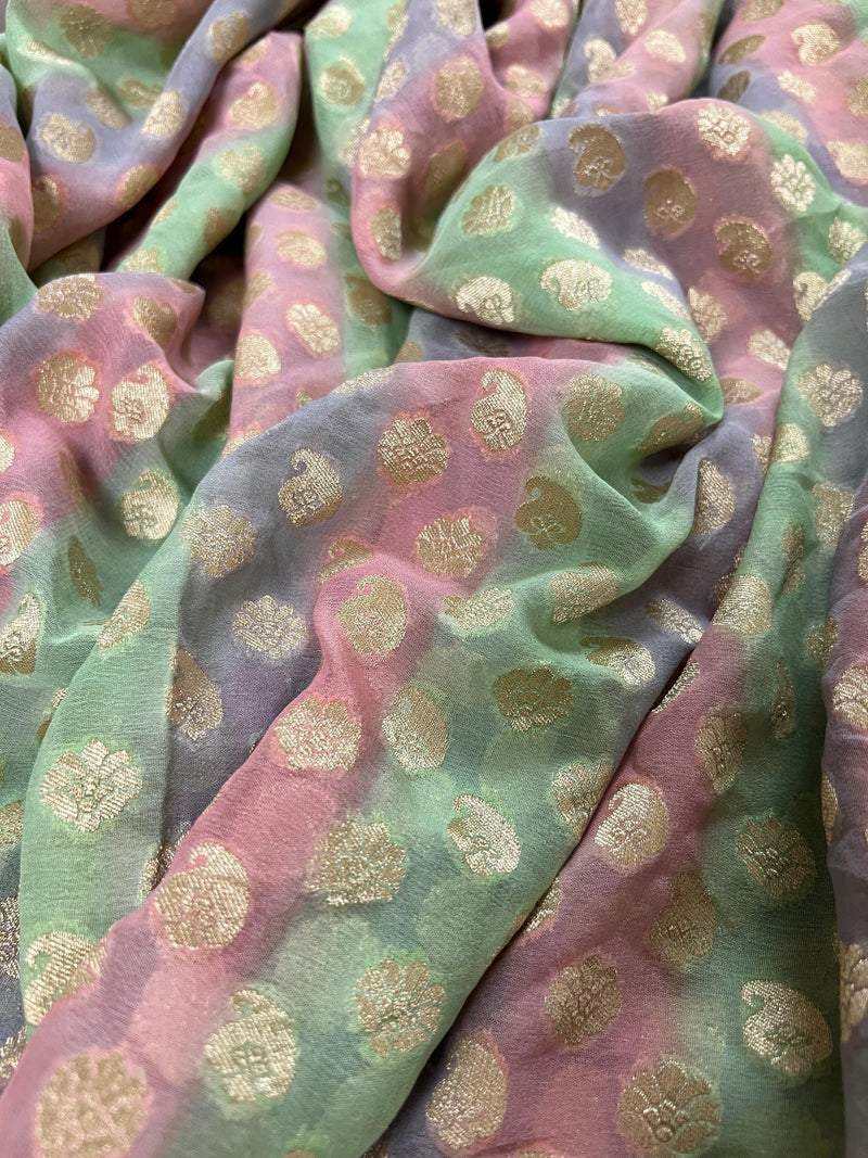 Mauve Pink Pure Khaddi Georgette Banarasi Saree in Multi Color with Muted Gold Zari and Digital Floral Prints | SILK MARK CERTIFIED - Kaash
