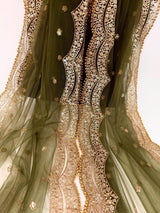 Mehandi Green net dupatta with gold zari, sequin & beads — Kaash Collection