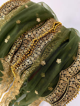 Mehandi Green net dupatta with gold zari, sequin & beads — Kaash Collection