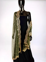 Mehandi Green net dupatta with gold zari, sequin & beads — Kaash Collection
