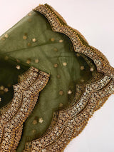 Mehandi Green net dupatta with gold zari, sequin & beads — Kaash Collection