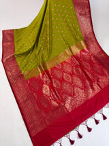 Mehandi Green with Red Color Banarasi Mashru Silk Saree - Kaash