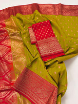 Mehandi Green with Red Color Banarasi Mashru Silk Saree - Kaash