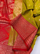 Mehandi Green with Red Color Banarasi Mashru Silk Saree - Kaash