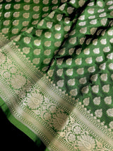 Mehendi Green (Heena Green) Banarasi saree in banarasi silk (non-pure) with small floral buttis in muted gold with grand pallu — Kaash Collection