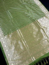 Mehendi Green (Heena Green) Banarasi saree in banarasi silk (non-pure) with small floral buttis in muted gold with grand pallu — Kaash Collection