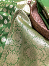 Mehendi Green (Heena Green) Banarasi saree in banarasi silk (non-pure) with small floral buttis in muted gold with grand pallu — Kaash Collection