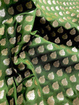 Mehendi Green (Heena Green) Banarasi saree in banarasi silk (non-pure) with small floral buttis in muted gold with grand pallu — Kaash Collection