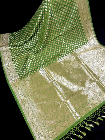 Mehendi Green (Heena Green) Banarasi saree in banarasi silk (non-pure) with small floral buttis in muted gold with grand pallu — Kaash Collection