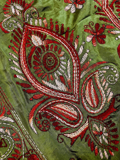 Mehndi Green Bangalori Silk Kantha saree in bangalori silk with hand kantha stitch in multi-color — Kaash Collection