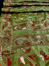 Mehndi Green Bangalori Silk Kantha saree in bangalori silk with hand kantha stitch in multi-color — Kaash Collection