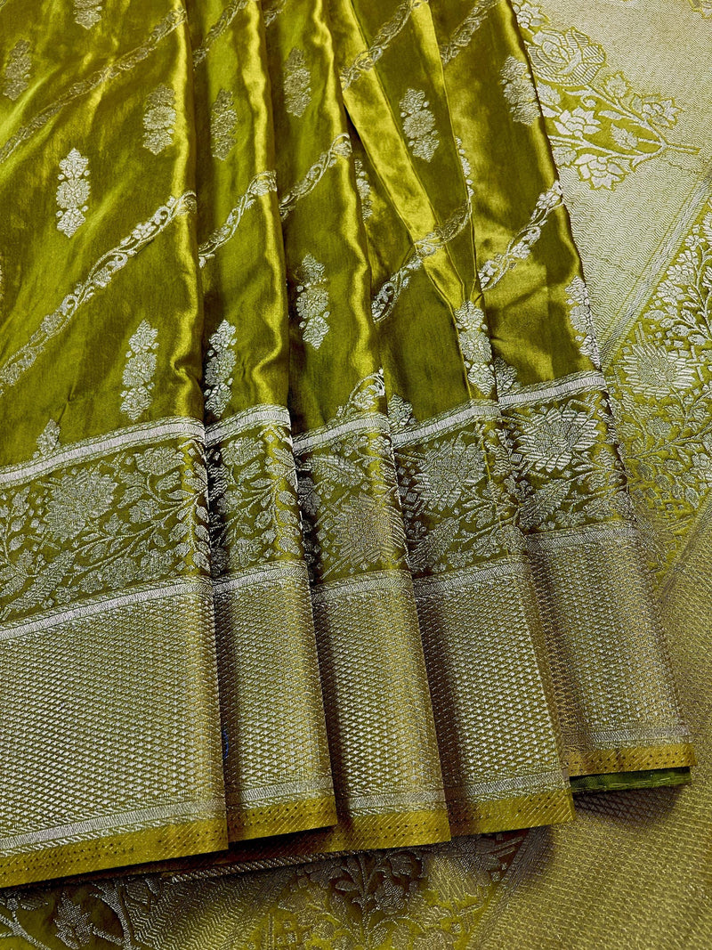 Mehndi Green Color Semi Mashru Silk Saree - Soft Silk Saree - Muted Gold Zari - Kaash