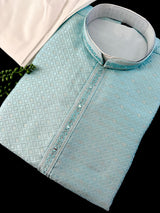 Men Sky Blue Zari Diamond Weave Jacquard Kurta - Wedding & Festive Outfit - Kaash