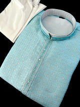 Men Sky Blue Zari Diamond Weave Jacquard Kurta - Wedding & Festive Outfit - Kaash