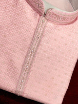 Mens Baby Pink Color Zari Diamond Weave Jacquard Kurta - Wedding & Festive Outfit - Kaash