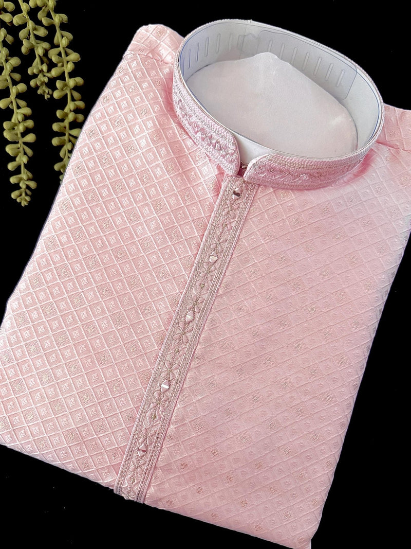 Mens Baby Pink Color Zari Diamond Weave Jacquard Kurta - Wedding & Festive Outfit - Kaash