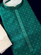 Emerald Green men's kurta pajama in premium silk blend (self-patt) with self-patt wedding silk blend weave — Kaash Collection