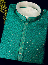 Emerald Green men's kurta pajama in premium silk blend (self-patt) with self-patt wedding silk blend weave — Kaash Collection