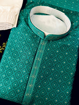 Emerald Green men's kurta pajama in premium silk blend (self-patt) with self-patt wedding silk blend weave — Kaash Collection