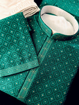 Emerald Green men's kurta pajama in premium silk blend (self-patt) with self-patt wedding silk blend weave — Kaash Collection
