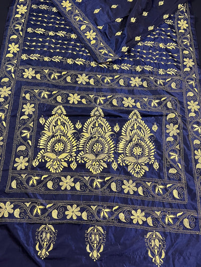 Midnight Blue with Raw Yellow Kantha hand Kantha stitch saree on Bangalori silk — Kaash Collection