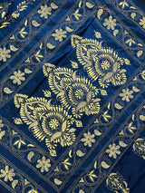 Midnight Blue Color Bangalori Silk Saree with Hand Kantha Stitch - Kaash