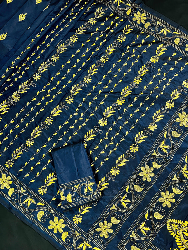 Midnight Blue Color Bangalori Silk Saree with Hand Kantha Stitch | Handwoven Kantha Stitch Sarees | Kantha Saress | Silk Sarees - Kaash