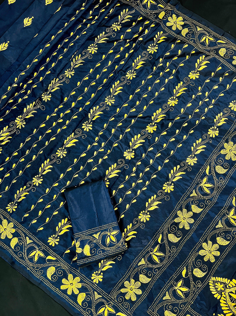 Midnight Blue Color Bangalori Silk Saree with Hand Kantha Stitch | Handwoven Kantha Stitch Sarees | Kantha Saress | Silk Sarees - Kaash