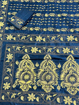 Midnight Blue Color Bangalori Silk Saree with Hand Kantha Stitch | Handwoven Kantha Stitch Sarees | Kantha Saress | Silk Sarees - Kaash