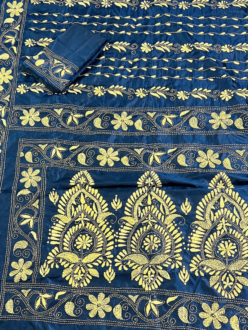 Midnight Blue Color Bangalori Silk Saree with Hand Kantha Stitch | Handwoven Kantha Stitch Sarees | Kantha Saress | Silk Sarees - Kaash