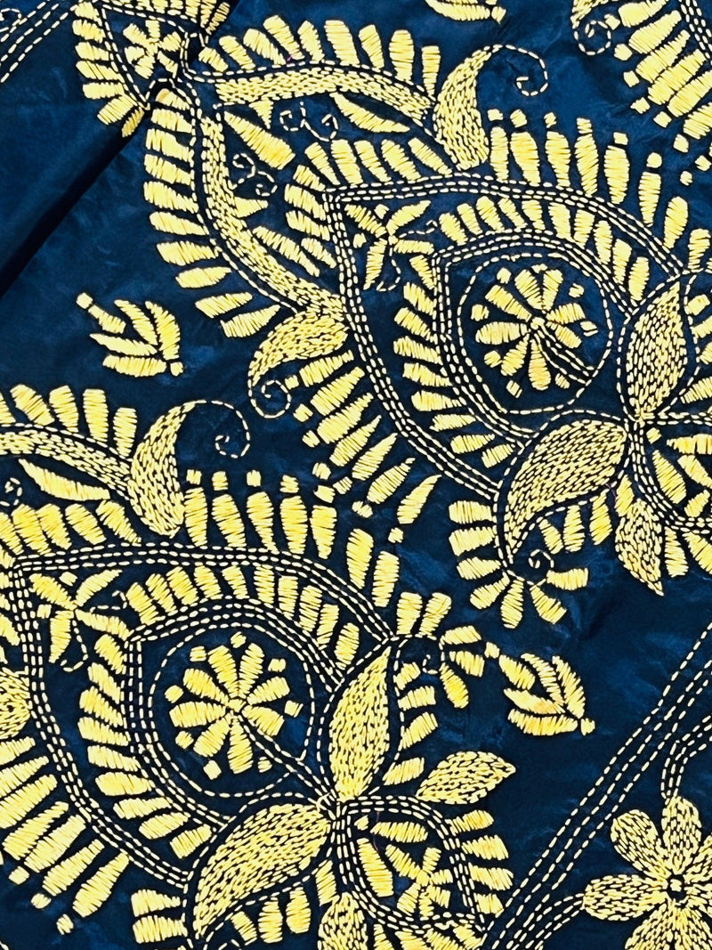 Midnight Blue Color Bangalori Silk Saree with Hand Kantha Stitch | Handwoven Kantha Stitch Sarees | Kantha Saress | Silk Sarees - Kaash