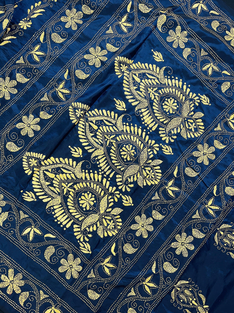 Midnight Blue Color Bangalori Silk Saree with Hand Kantha Stitch | Handwoven Kantha Stitch Sarees | Kantha Saress | Silk Sarees - Kaash