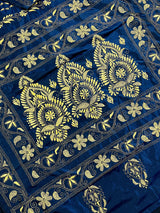 Midnight Blue Color Bangalori Silk Saree with Hand Kantha Stitch | Handwoven Kantha Stitch Sarees | Kantha Saress | Silk Sarees - Kaash
