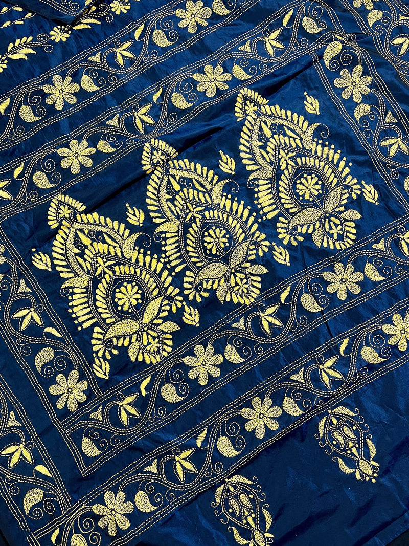 Midnight Blue Color Bangalori Silk Saree with Hand Kantha Stitch | Handwoven Kantha Stitch Sarees | Kantha Saress | Silk Sarees - Kaash
