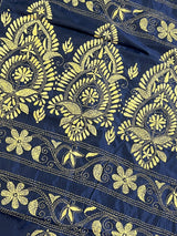 Midnight Blue Color Bangalori Silk Saree with Hand Kantha Stitch | Handwoven Kantha Stitch Sarees | Kantha Saress | Silk Sarees - Kaash