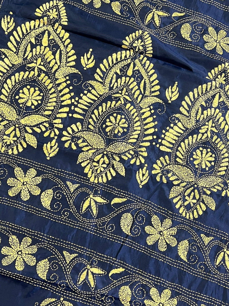Midnight Blue Color Bangalori Silk Saree with Hand Kantha Stitch | Handwoven Kantha Stitch Sarees | Kantha Saress | Silk Sarees - Kaash