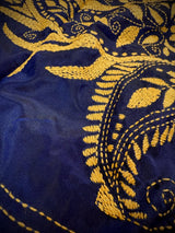 Midnight Blue with Raw Yellow Kantha hand Kantha stitch saree on Bangalori silk — Kaash Collection
