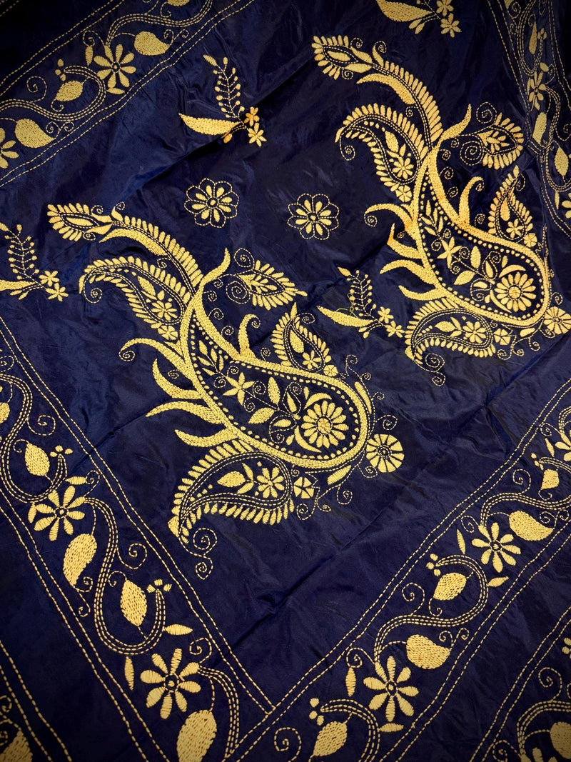 Midnight Blue with Raw Yellow Kantha hand Kantha stitch saree on Bangalori silk — Kaash Collection