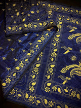 Midnight Blue with Raw Yellow Kantha hand Kantha stitch saree on Bangalori silk — Kaash Collection
