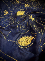 Midnight Blue with Raw Yellow Kantha hand Kantha stitch saree on Bangalori silk — Kaash Collection