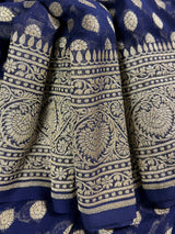 Silk Mark Certified Midnight Blue Pure Khaddi Georgette saree in pure khaddi georgette silk with muted gold zari handweaving on khaddi georgette — Kaash Collection