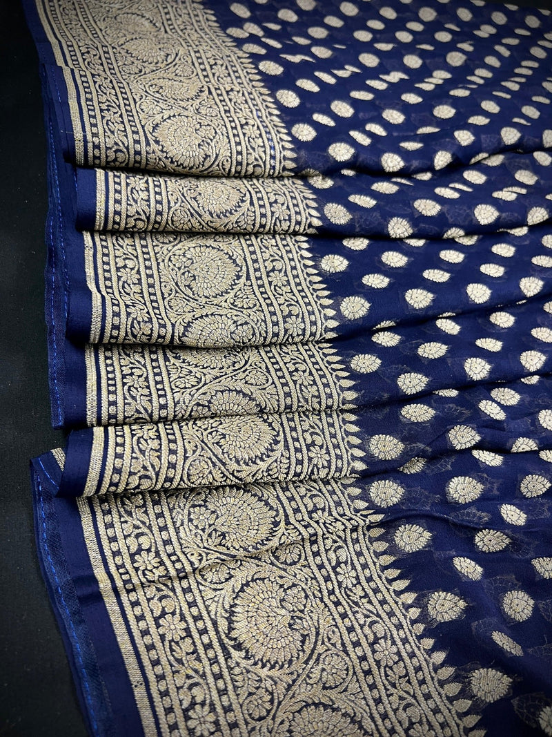 Silk Mark Certified Midnight Blue Pure Khaddi Georgette saree in pure khaddi georgette silk with muted gold zari handweaving on khaddi georgette — Kaash Collection
