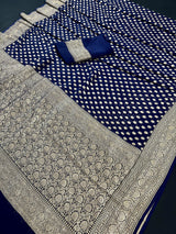 Silk Mark Certified Midnight Blue Pure Khaddi Georgette saree in pure khaddi georgette silk with muted gold zari handweaving on khaddi georgette — Kaash Collection