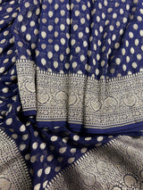 Silk Mark Certified Midnight Blue Pure Khaddi Georgette saree in pure khaddi georgette silk with muted gold zari handweaving on khaddi georgette — Kaash Collection