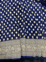 Silk Mark Certified Midnight Blue Pure Khaddi Georgette saree in pure khaddi georgette silk with muted gold zari handweaving on khaddi georgette — Kaash Collection