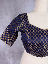 Midnight Blue Color Readymade Blouse with Gold Buttis in Pure Banarasi Silk - Kaash
