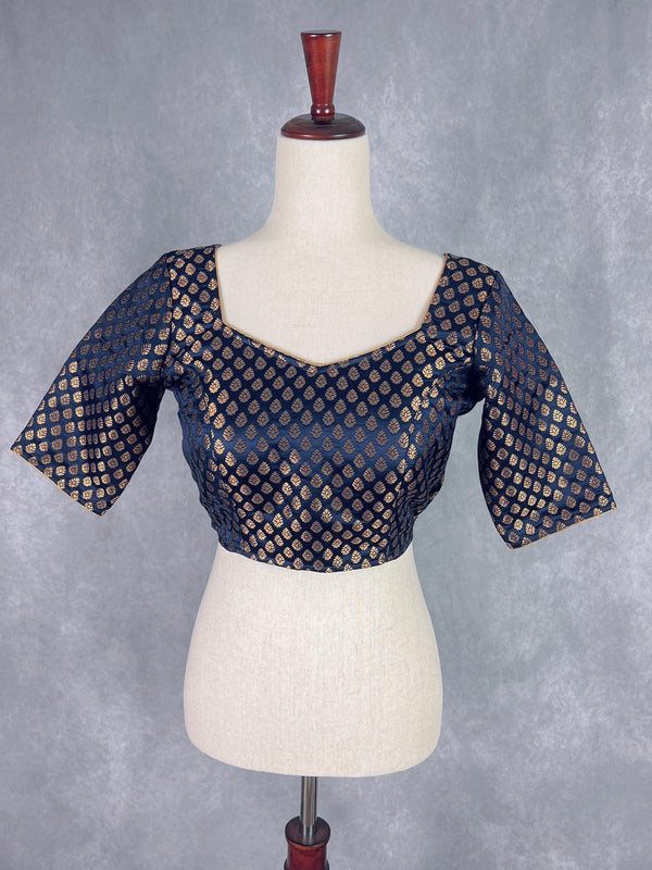 Midnight Blue Color Readymade Blouse with Gold Buttis in Pure Banarasi Silk | Readymade Blouses | Blue Color Blouse | Stitched Blouse - Kaash