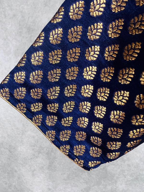 Midnight Blue Color Readymade Blouse with Gold Buttis in Pure Banarasi Silk | Readymade Blouses | Blue Color Blouse | Stitched Blouse - Kaash